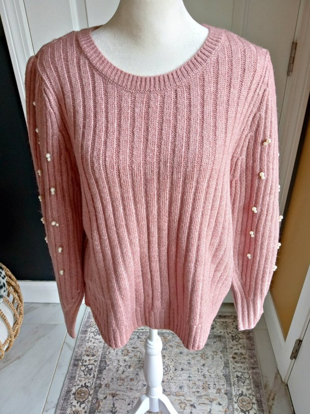 NEW! DUSTY ROSE PEARL EMBELLISHED SLEEVE SWEATER